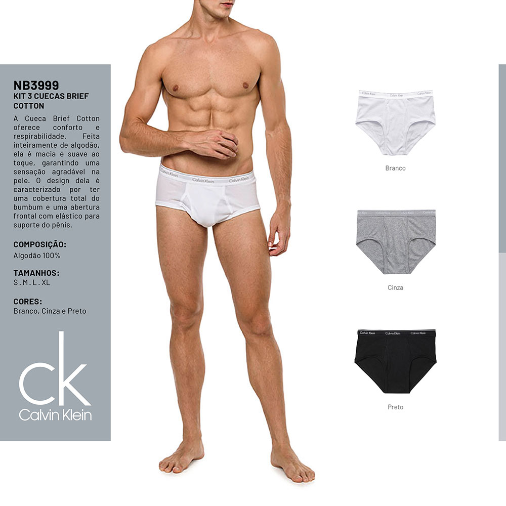 Kit Cuecas Calvin Klein - Slip Cotton CK - 3 Peças Brancas