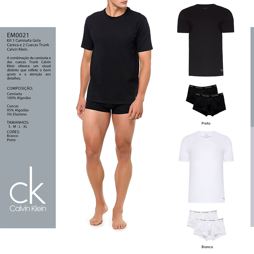 Kit 1 Camiseta Gola Careca e 2 Cuecas Trunk Calvin Klein EM0021